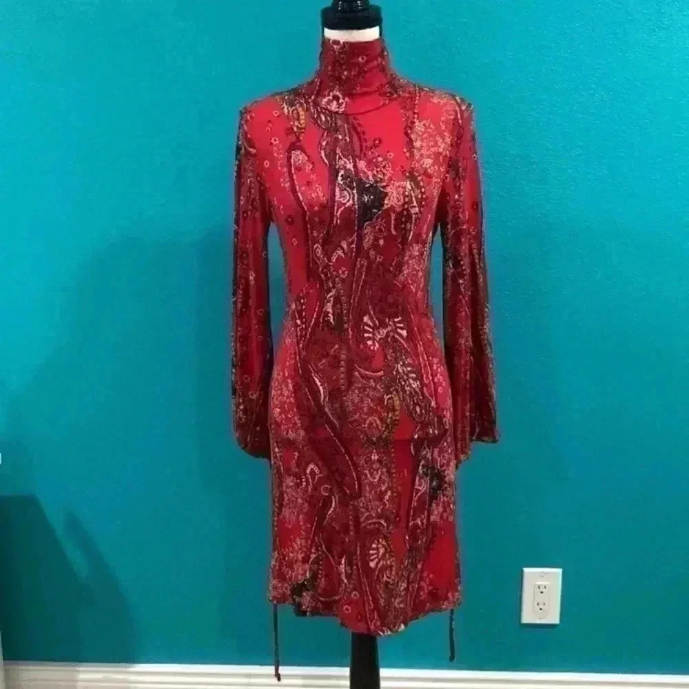 Free People All Dolled Up Red Paisley Knit Turtleneck Cutout Dress in size xs